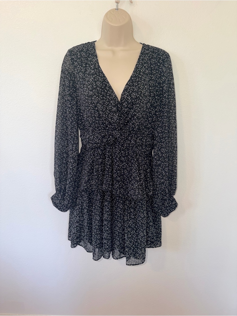 Black Floral Long-Sleeve V-Neck Tiered Mini Dress